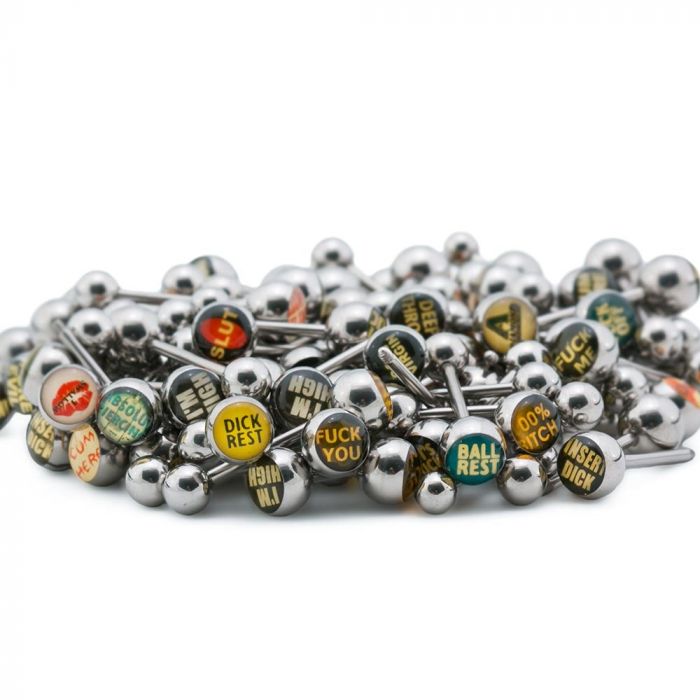 Photo of assorted tongue rings with pictures and logos