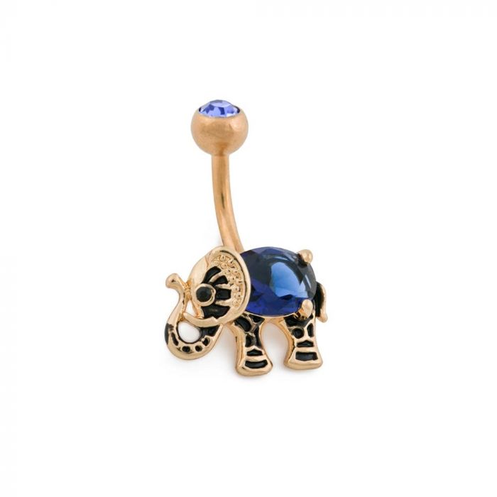 Photo of gold plated belly button ring with jeweled elephant charm