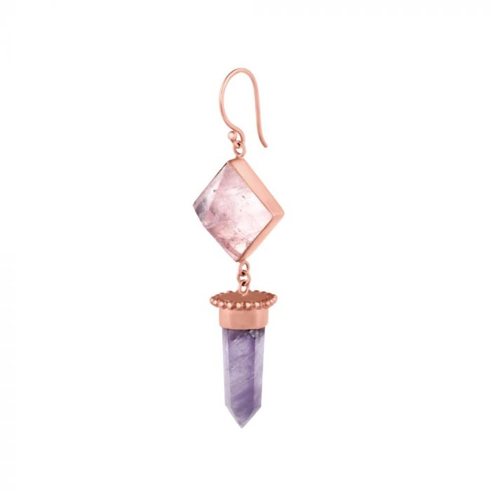 French hook earring with rose quartz and amethyst stone