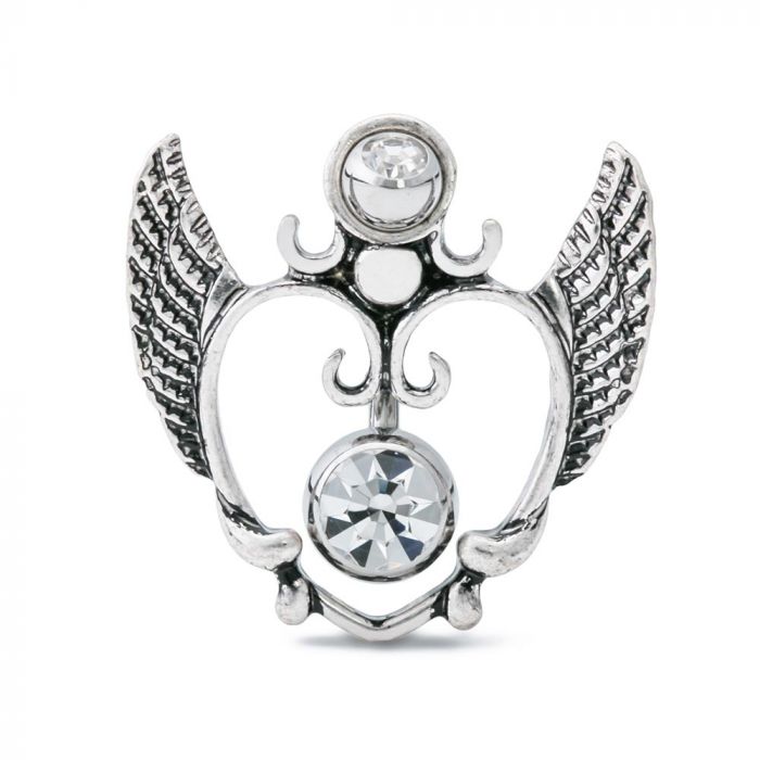 Photo of stainless steel jeweled heart navel shield with wings