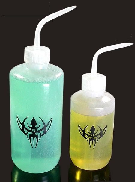 500ml and 250ml comparison of tattoo and piercing studio washer bottles by Precision