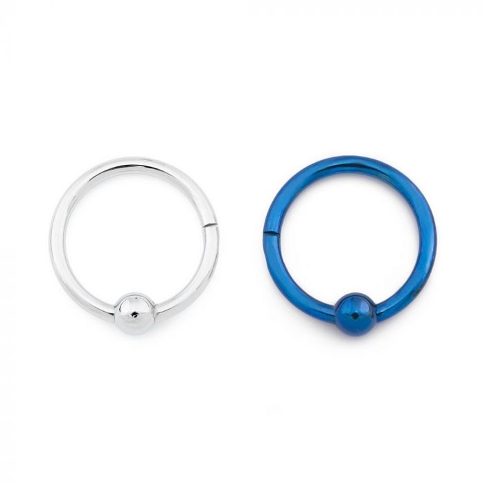 One high polish titanium captive bead ring and one anodized blue titanium captive bead ring