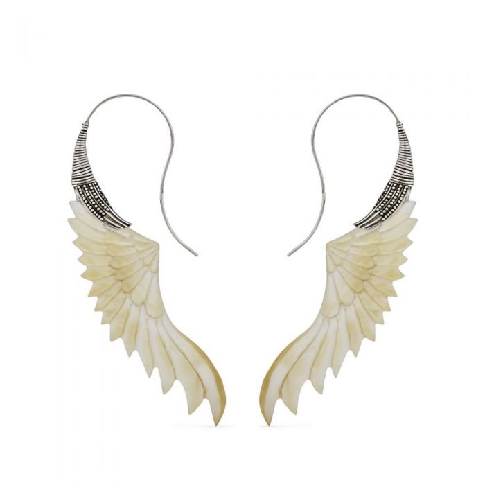 One pair of sterling silver earrings with a mother of pearl feather design