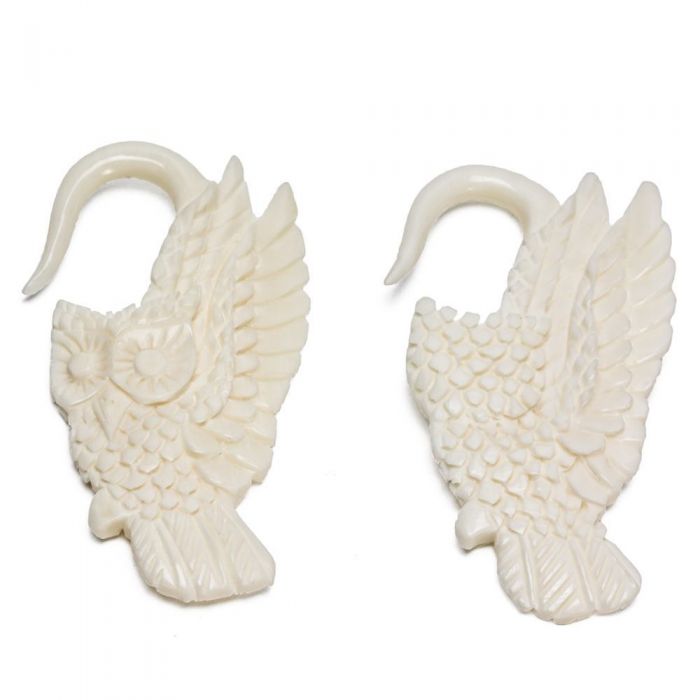 One pair of bone-carved organic owl earrings for large-gauge piercings