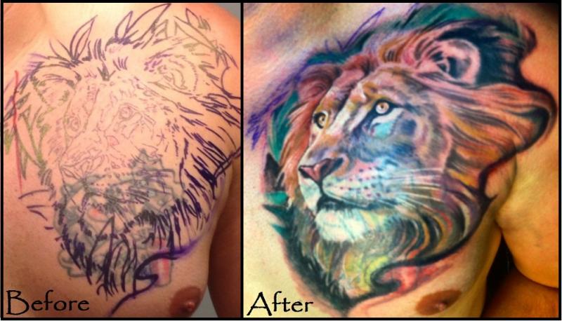 Lion Cover-up Tattoo Before and After Pictures