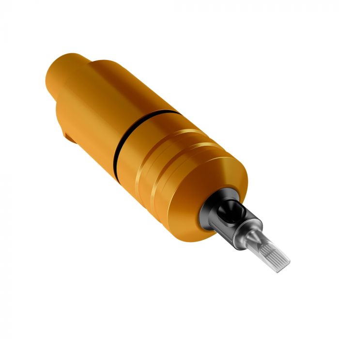 Yellow Cheyenne rotary pen tattoo machine on a white backdrop