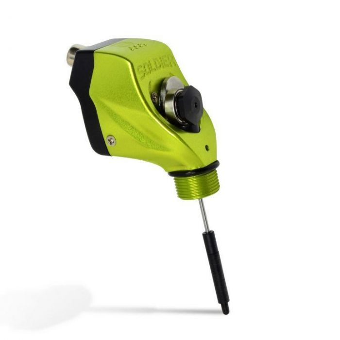 Stigma Rotary Soldier tattoo machine in nuclear green on a white backdrop