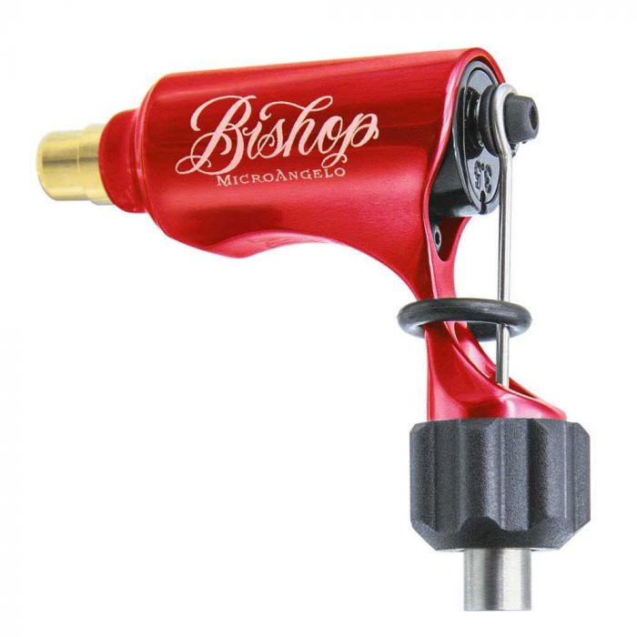 Red Microangelo rotary tattoo machine on a white backdrop
