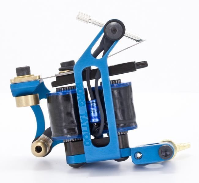 Blue Borg coil tattoo machine on a white backdrop