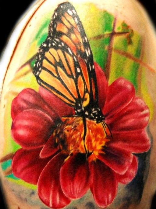 Butterfly on Flower Tattoo by Ron Russo of The Studio at Painful Pleasures 