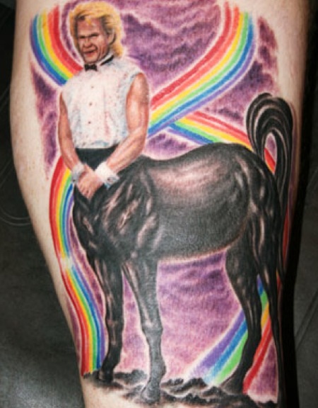 Bad Tattoo of Patrick Swayze as a Centaur With Rainbows Behind Him 