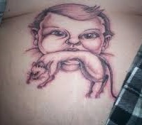 Bad Tattoo Portrait of a Baby With a Rat in Its Mouth 
