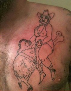 Bad Tattoo of a Cowgirl Riding an Unidentifiable Animal 