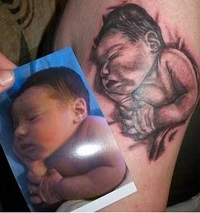 Bad Tattoo of an Infant Based on the Photograph Shown Next to the Tattoo 