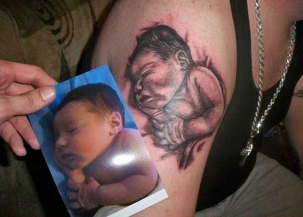 Bad Tattoo Baby Portrait Compared to the Original Photo Used to Create this Tattoo Nightmare 