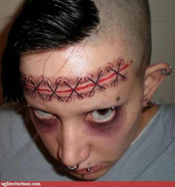 Bad Tattoos: Fake Stitches Across Forehead 