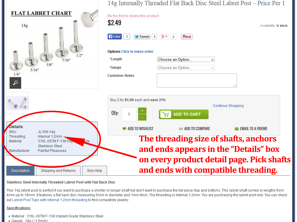 Where to Find the Threading Sizes of Shafts, Anchors and Ends on Painful Pleasures Product Detail Pages 