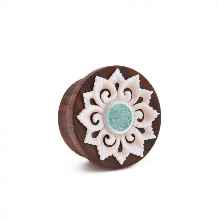 Photo of saba wood plug with turquoise inlay