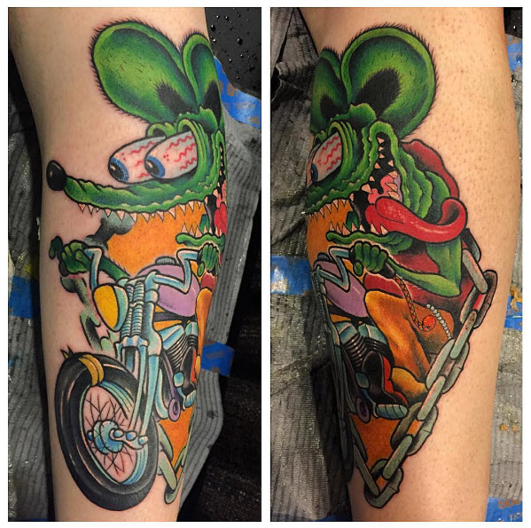 cleen rock one tattoo, new school tattoo, rat fink tattoo, cleen rock one