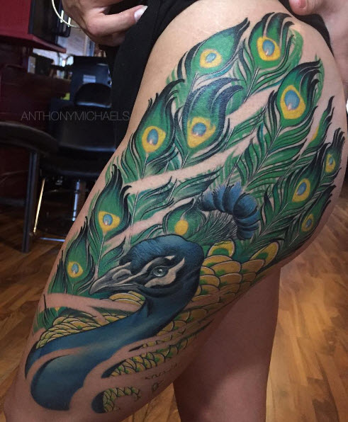 peacock tattoo, anthony michaels tattoo, thigh tattoo