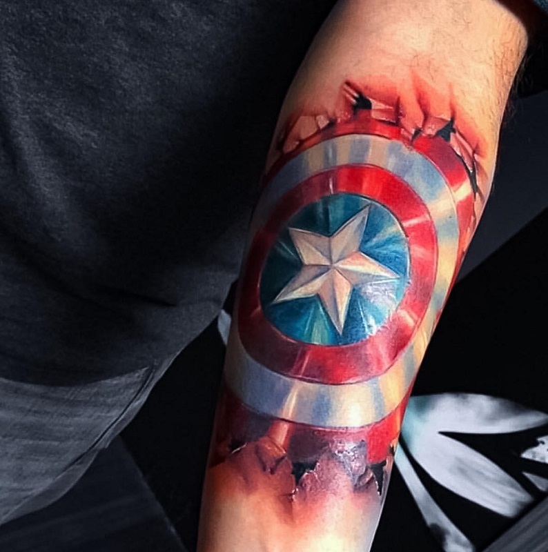 carolyn elaine tattoo, captain america tattoo, forearm tattoo