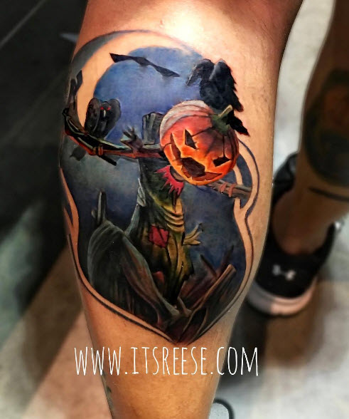 halloween tattoo, reese hilburn tattoo, scarecrow tattoo