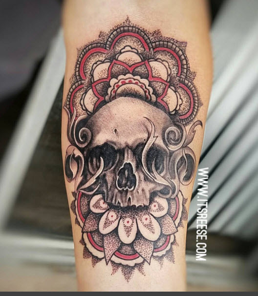 reese hilburn tattoo, skull tattoo, mandala tattoo