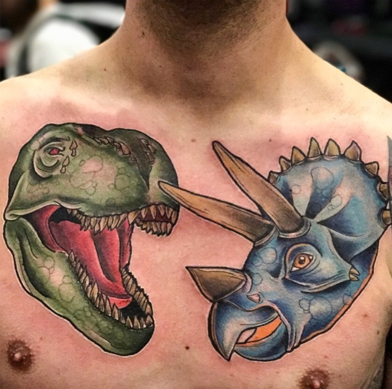 Tattoo by Jessa Bigelow dinosaur tattoo, chest tattoo, jessa bigelow tattoo, jessa bigelow
