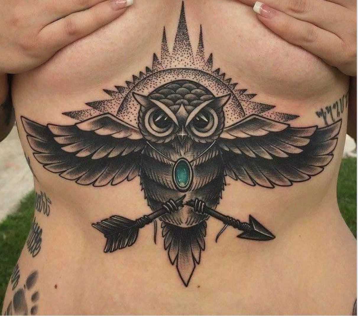owl tattoo, underboob tattoo, sternum tattoo
