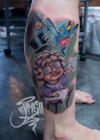 jime litwalk tattoo, leg tattoo, new school tattoo, jime litwalk tattoo artist