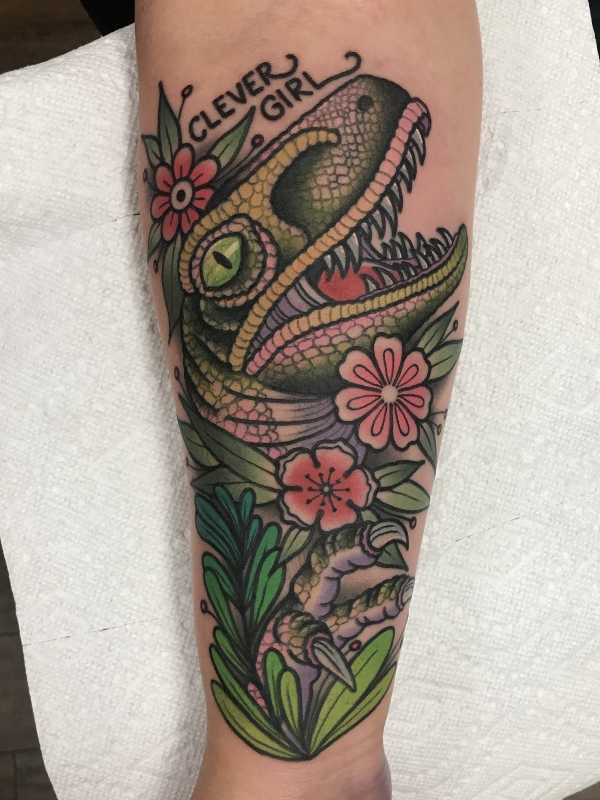dinosaur tattoo, katie mcgowan tattoos, katie mcgowan tattoo artist