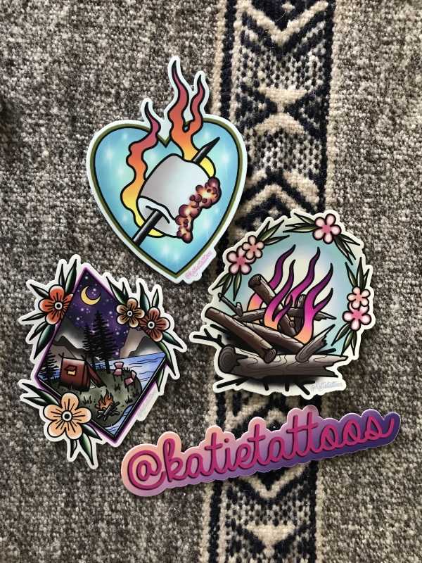 Katie McGowan tattoos, Katie McGowan tattoo art, sticker pack, camping stickers, katie tattoos camping stickers