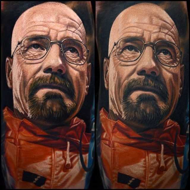 breaking bad tattoo, walter white tattoo, nikko hurtado tattoo, portrait tattoo, hyperrealism, hyper realistic tattoo