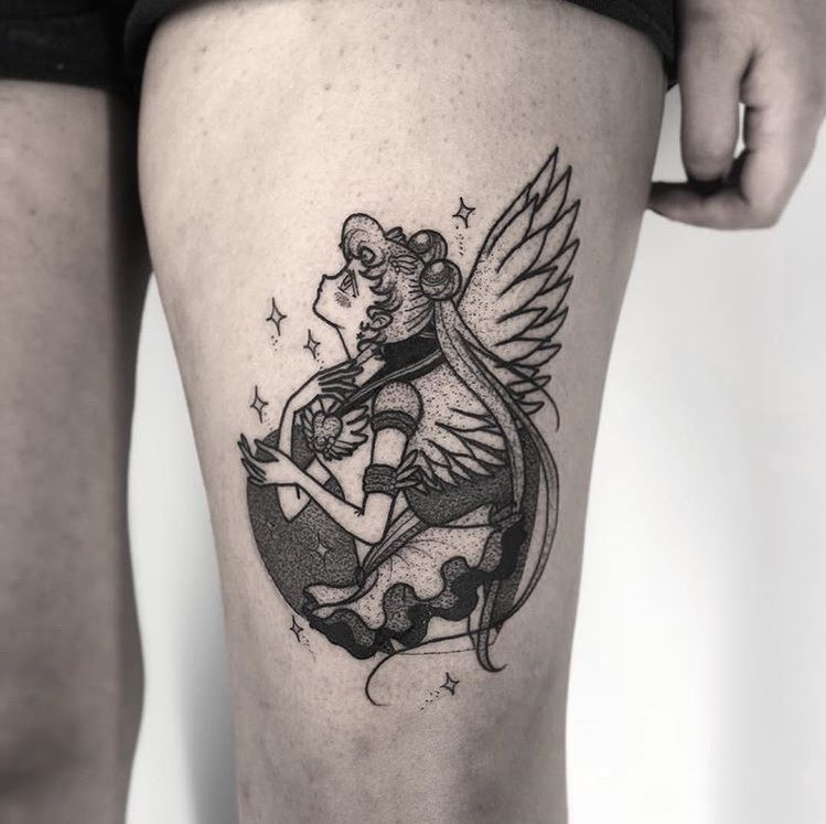 Sailor Moon, anime tattoos, Sailor Moon tattoos, black and white tattoos, Ringo Leone tattoo