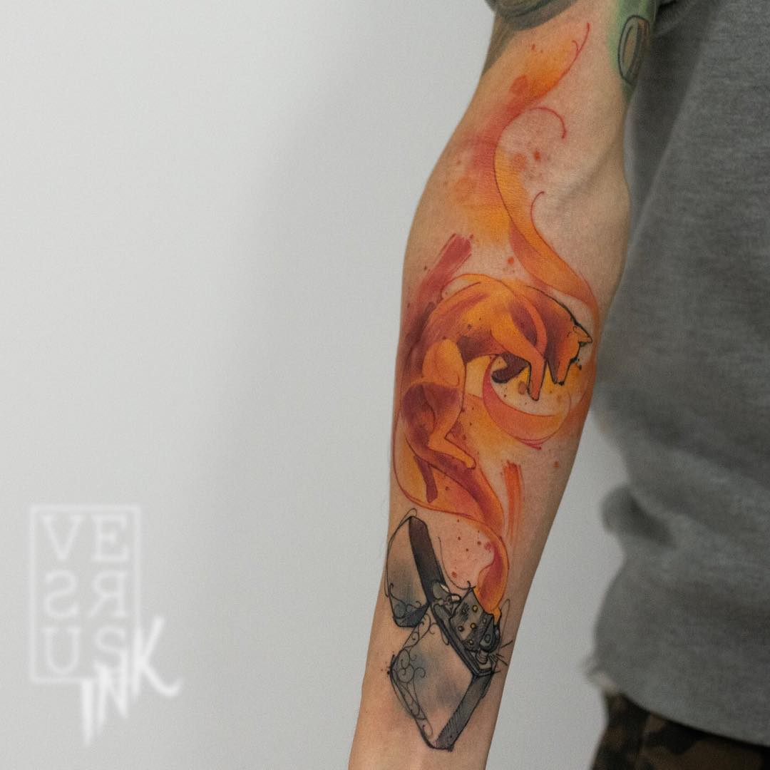 fire tattoos, animal tattoos, flame tattoos, watercolor tattoos, Versus Ink