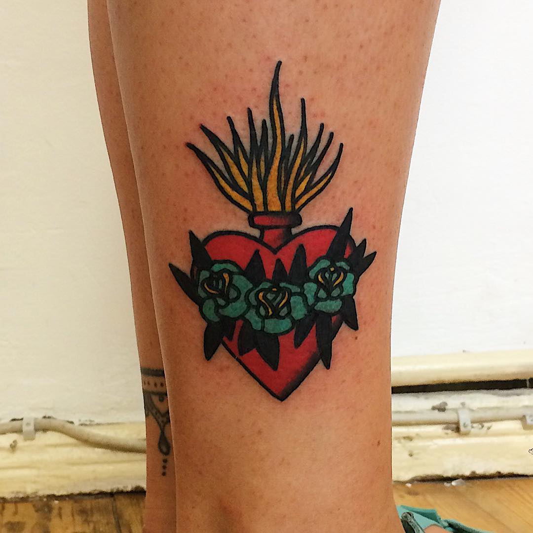 heart tattoos, flame tattoos, fire tattoos, traditional tattoos, Plius3 tattoo