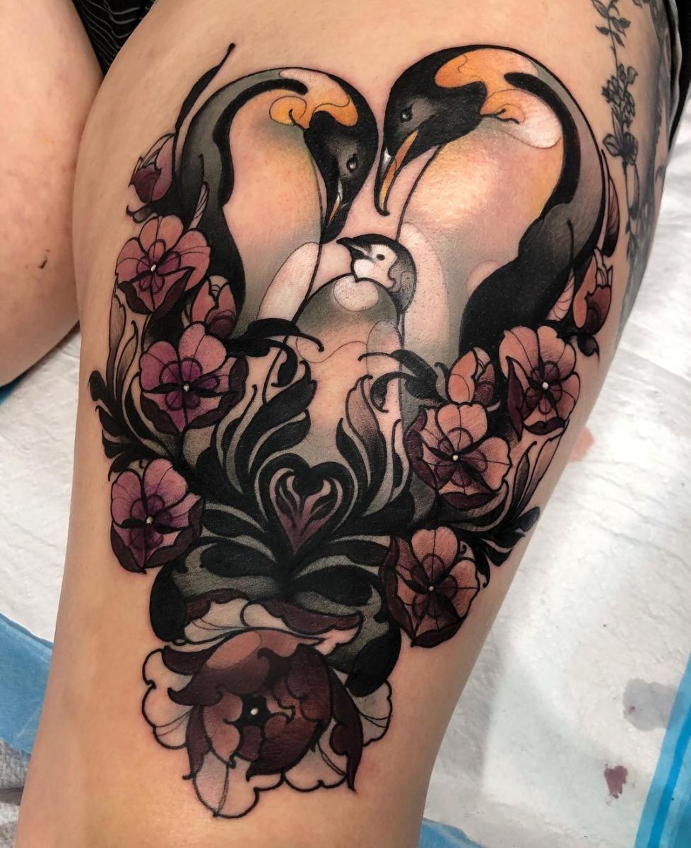 Neotraditional penguin floral tattoo by Gia Rose