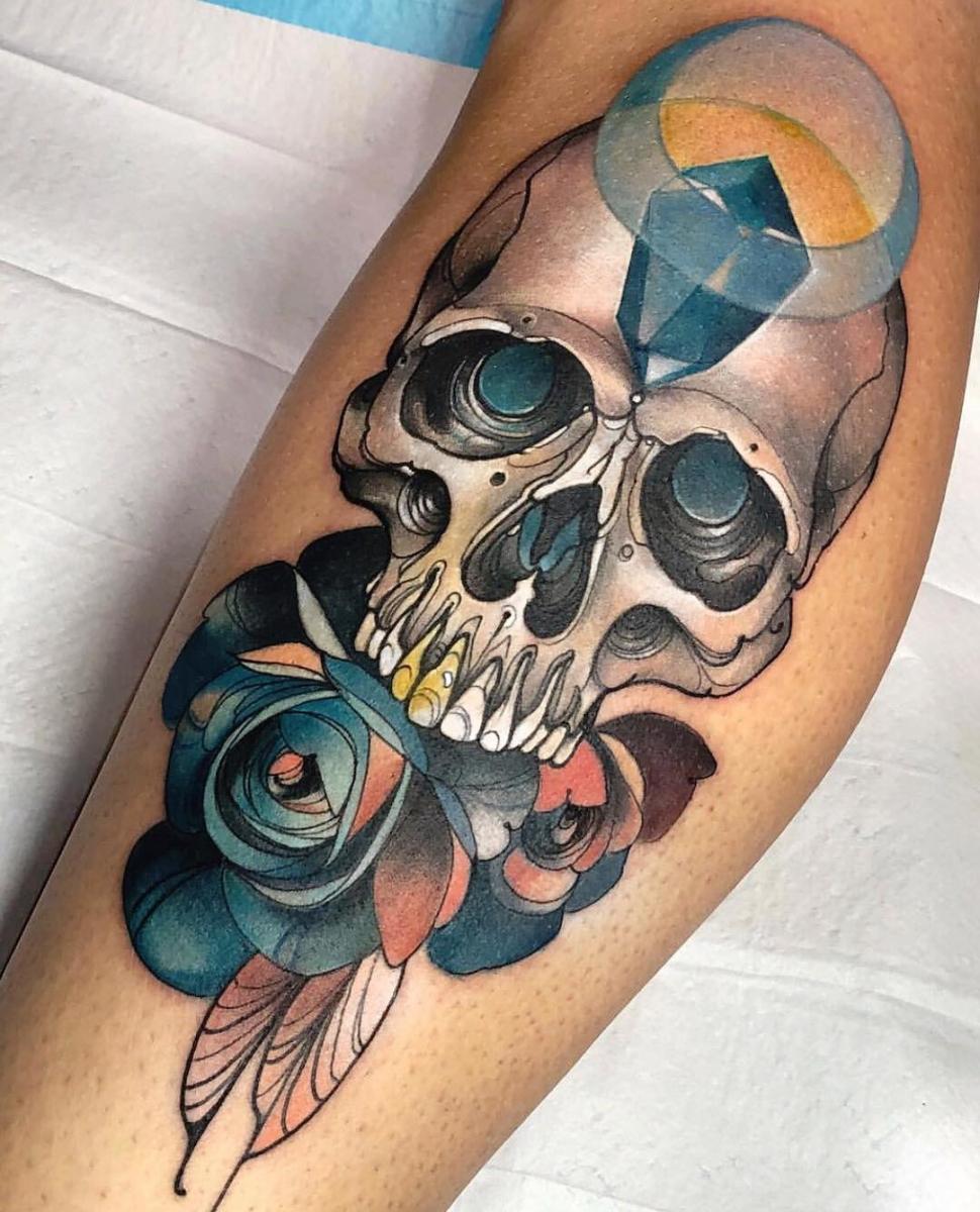 Neotraditional skull and flower tattoo by Gia Rose