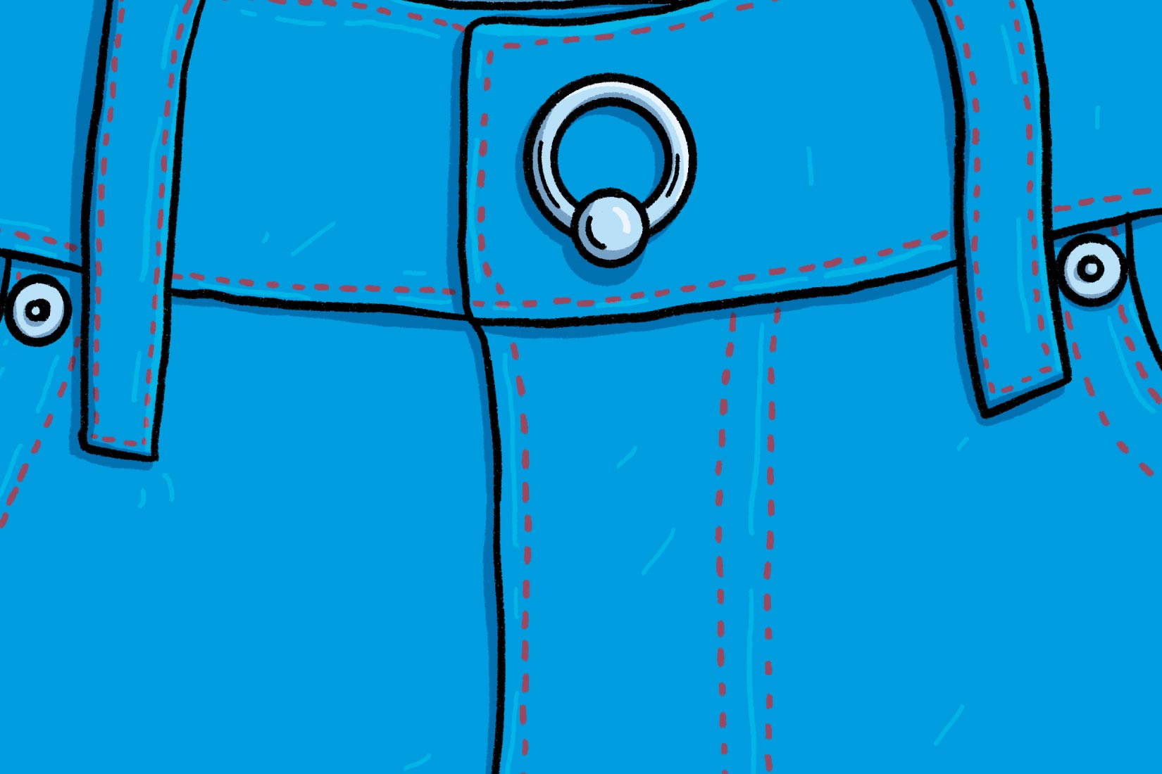 Illustration of zippered pants with captive bead ring button to indicate pierced genital regions