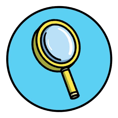 illustrative gold magnifying glass icon in blue circle