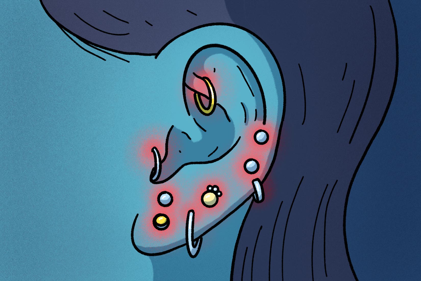 illustration of multiple ear piercings on an ear with glowing red orbs to indicate infection