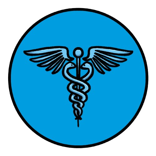 illustrated caduceus icon in blue circle