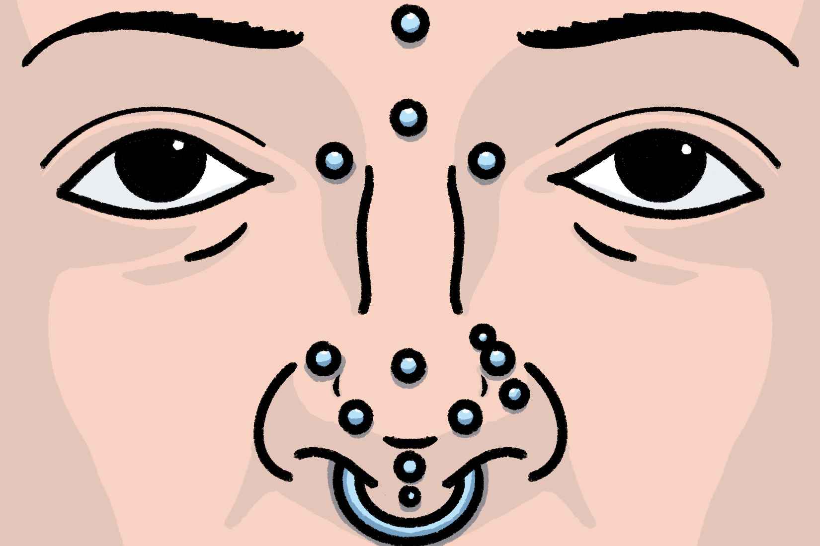 illustrated face with various types of nose piercings