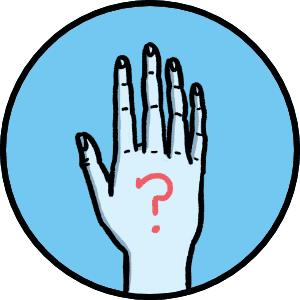 illustrated hand with question mark on back against blue background