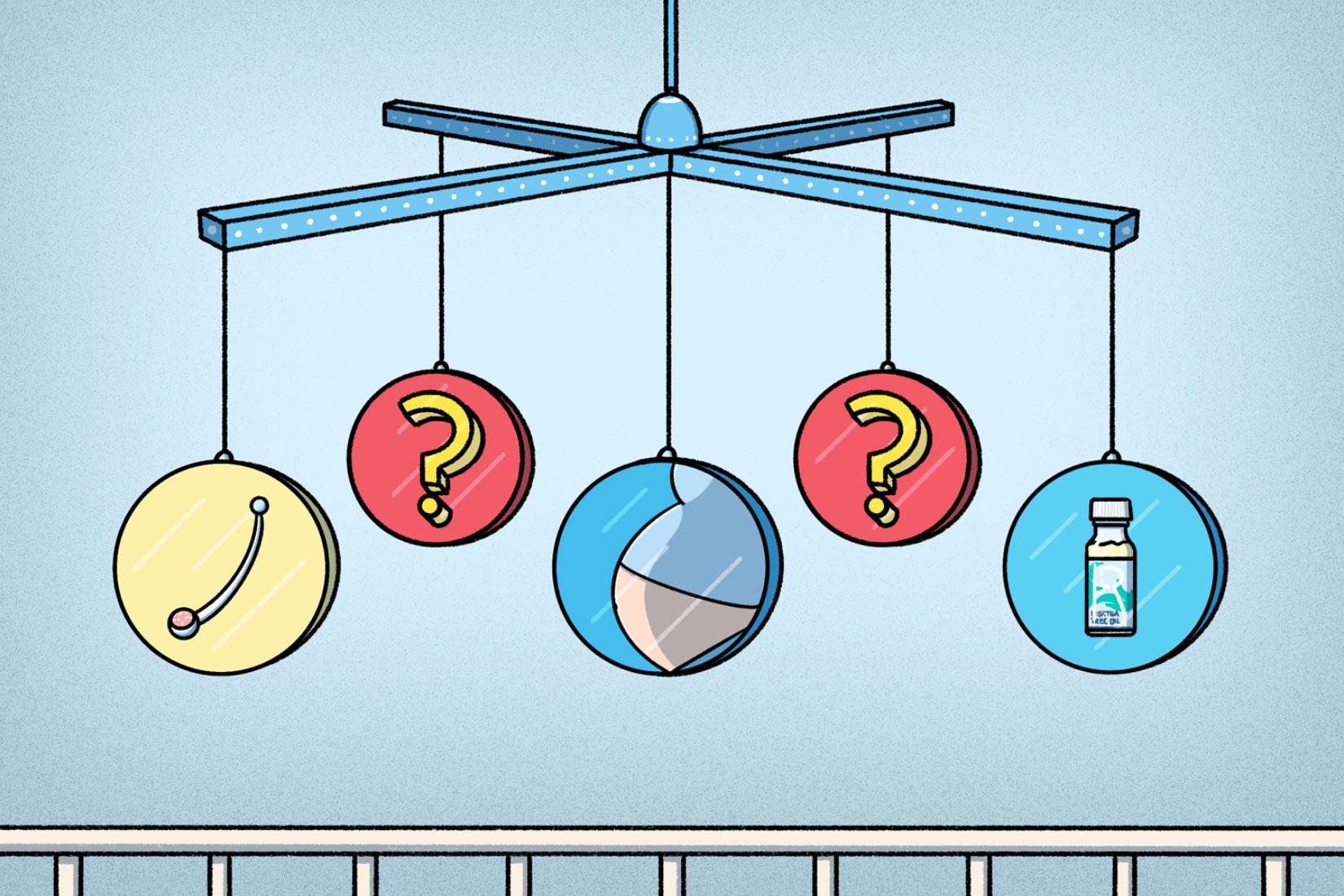 illustrated baby mobile with a pregnant belly icon, bent barbell, question marks, and piercing aftercare