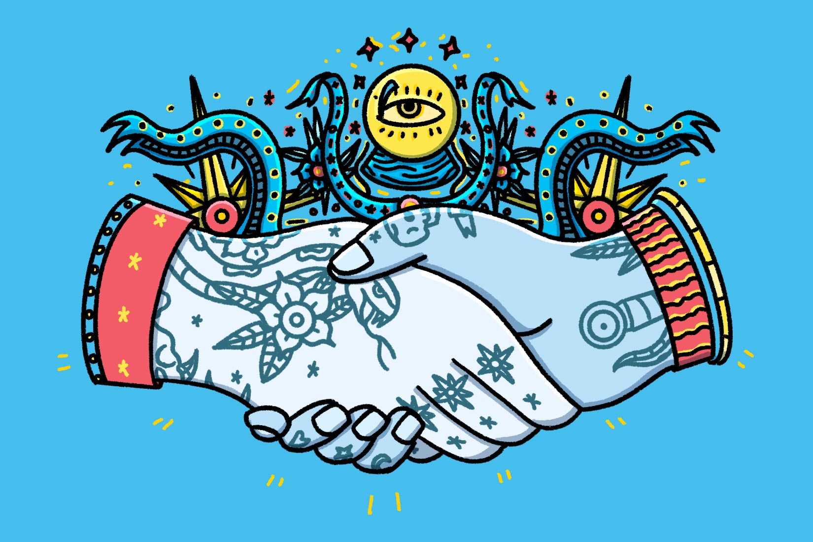 illustrative tattooed shaking hands below an all-seeing eye