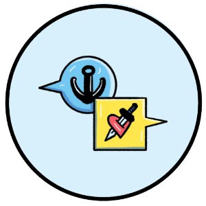 illustrated speech bubbles with an anchor and dagger heart