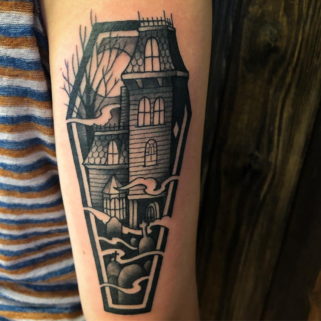 halloween tattoos, horror tattoos, traditional tattoos, Addams Family tattoos, Chase Martines tattoo