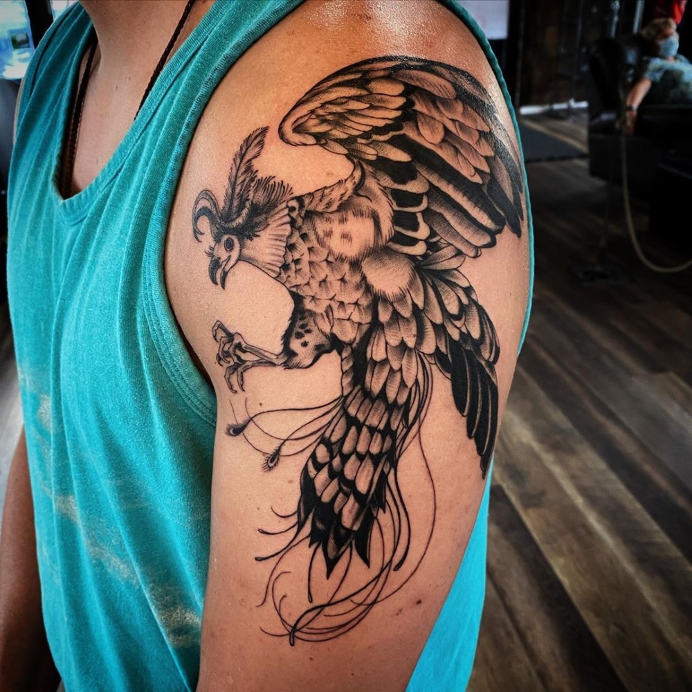 Black and gray phoenix tattoo inspired by Dan Hillier by tattoo artist Mandy Fabrizi