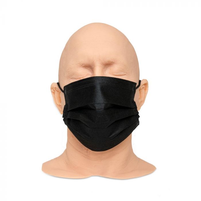 Black disposable face mask on molding of tattoo artist Jesse Smith's head